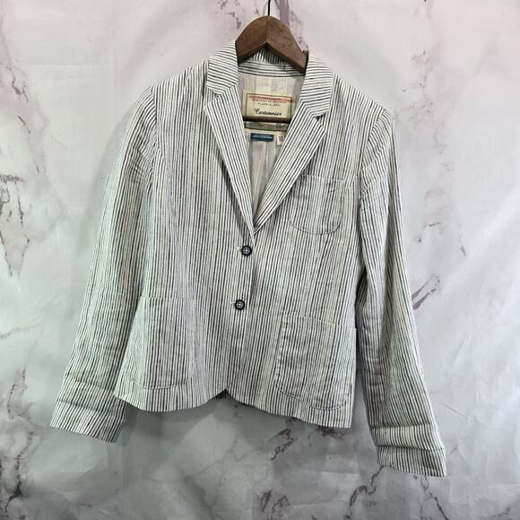 Anthropologie Blazer Womens 4 White Navy Blue Linen Pinstripe Jacket Cartonnier - Picture 13 of 14